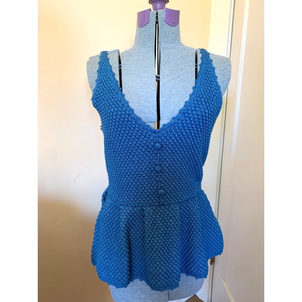 7 For All Mankind Teal Blue Knit Peplum V-Neck Button Front Tank Top Medium